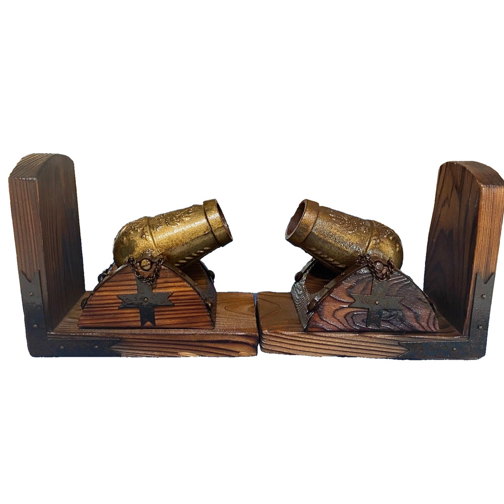 VTG Cannon Bookends Wood & Metal Rustic MCM Shelf Bookcase Home Office Decor 3B